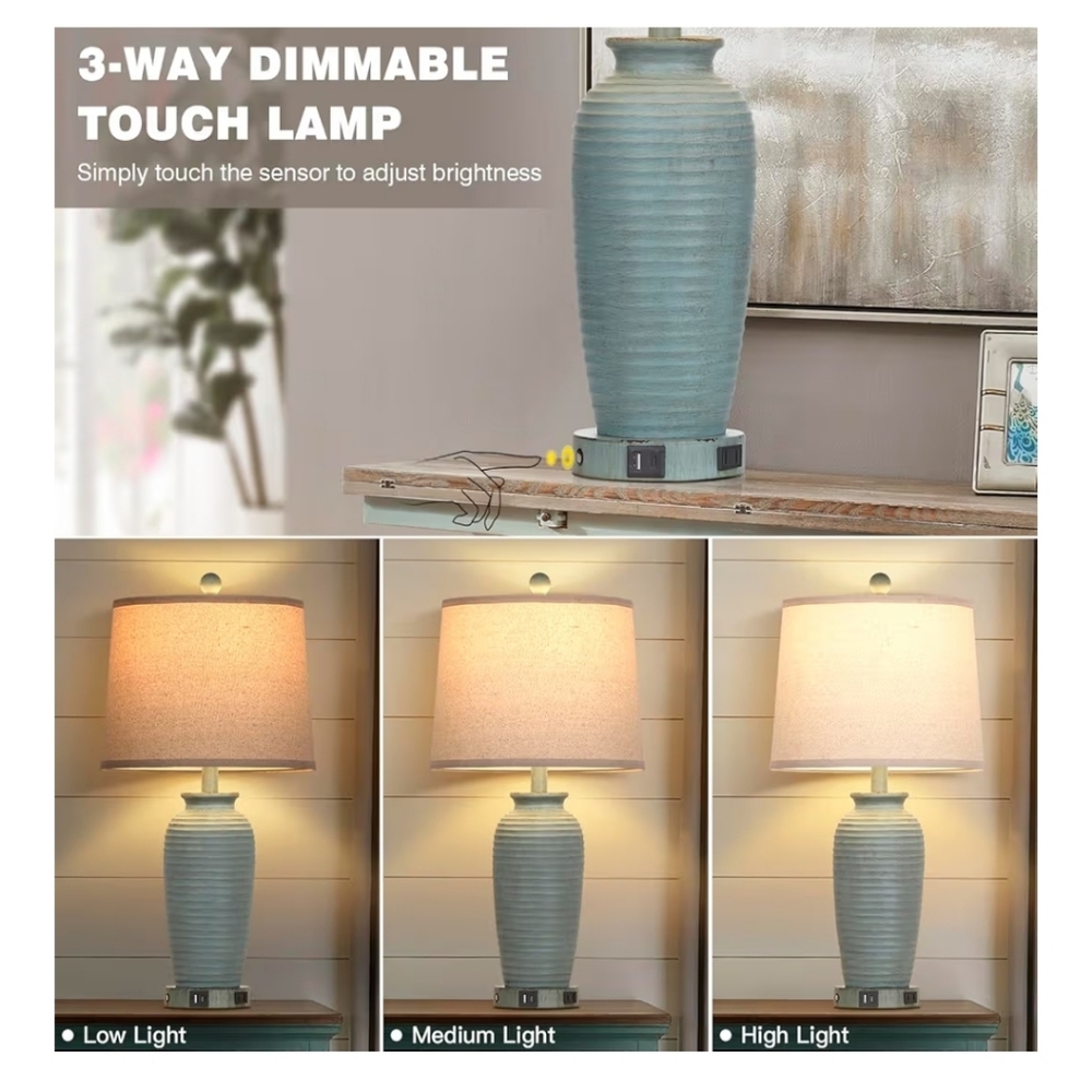 25" Farmhouse Jar Table Lamps Set of 2, 3 Way Touch Control Rustic Bedside Lamps - Picture 3 of 10